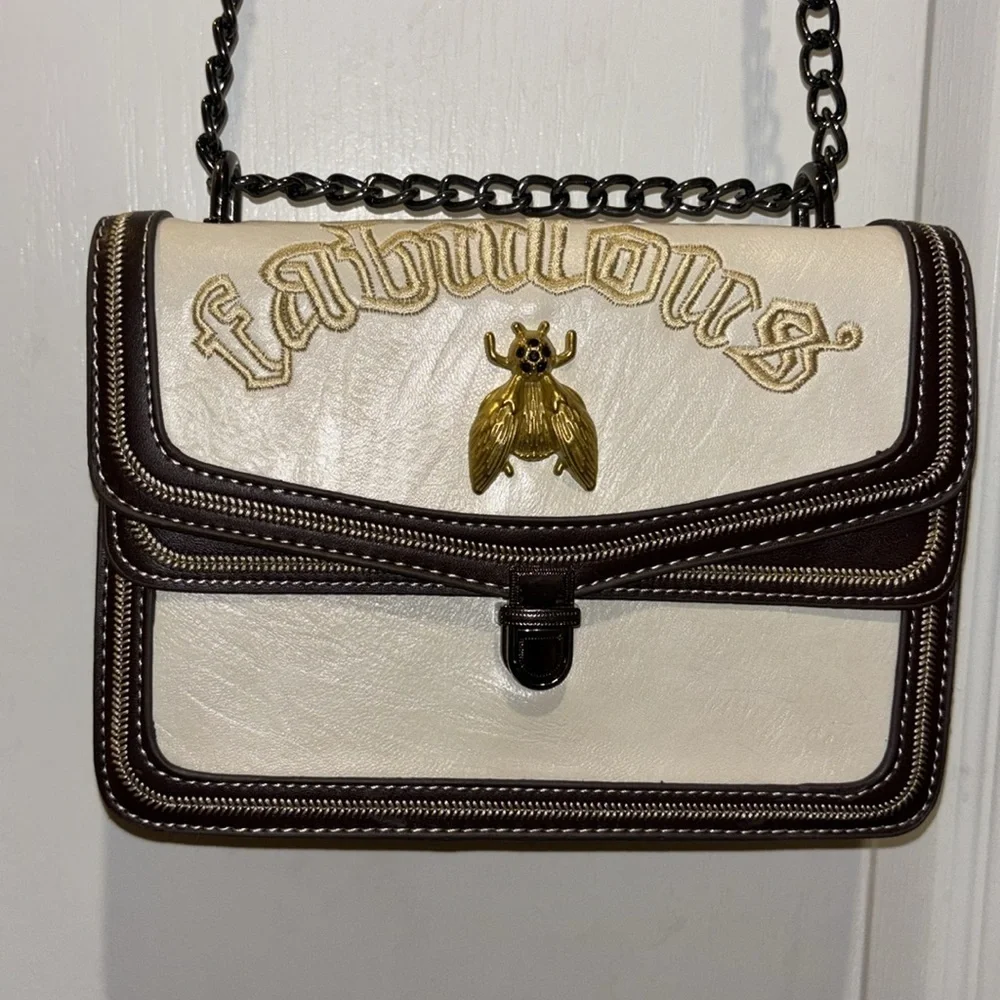 “FABULOUS”BEE BAG BROWN/WHITE VEGAN LEATHER CROSSBODY  DARK NICKEL TONED CHAIN